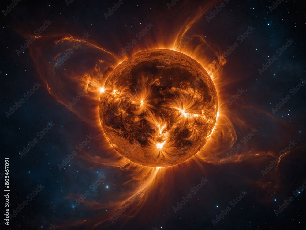 The sun's fiery embrace in the emptiness of space, a captivating spectacle of cosmic magnitude.