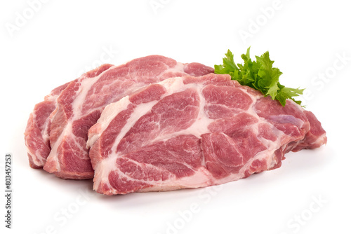 Raw pork shoulder butt steaks, isolated on white background.