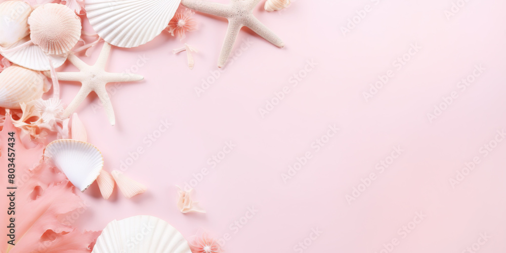 Summer vacation and holiday background, pale pink flat lay with tropical leaves and flowers, sea shells, starfish, beach accessories and copy space Summer vacation and holiday background, pale pink flat lay with tropical leaves and flowers, sea shells, starfish, beach accessories and copy space