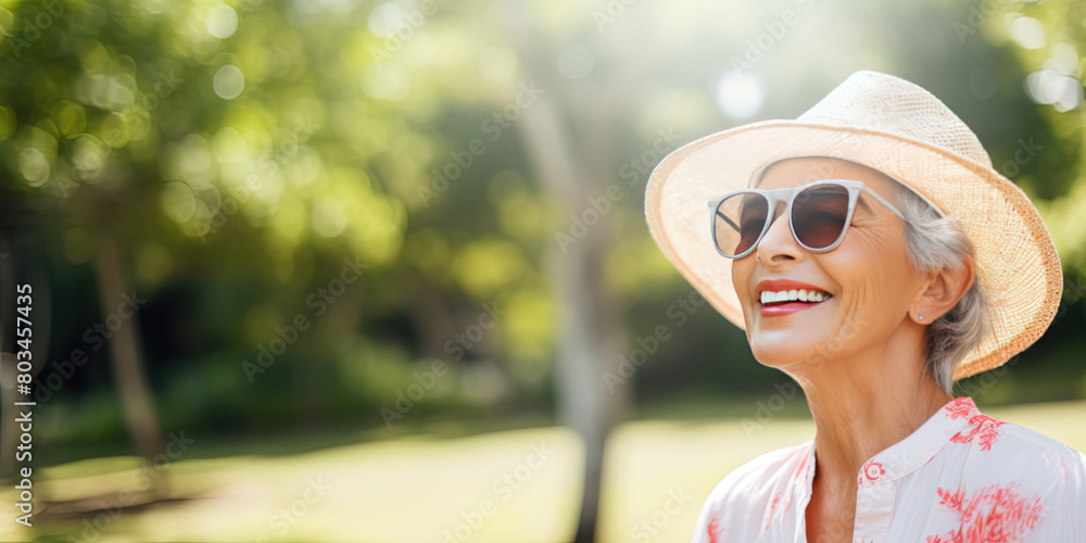 Happy elderly lady in summer park with copy space