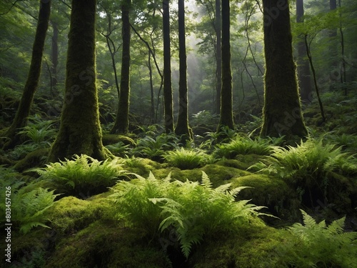 Sunlight filters through tall trees of lush forest, illuminating patches of vibrant green ferns, moss covering forest floor. Air thick with mist, creating serene, mystical atmosphere.