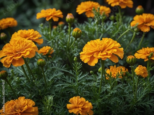 Multiple bright orange marigold flowers bloom against background of dark green leaves. Ruffled petals of flowers create dense, textured appearance, several closed buds promise more blooms to come.