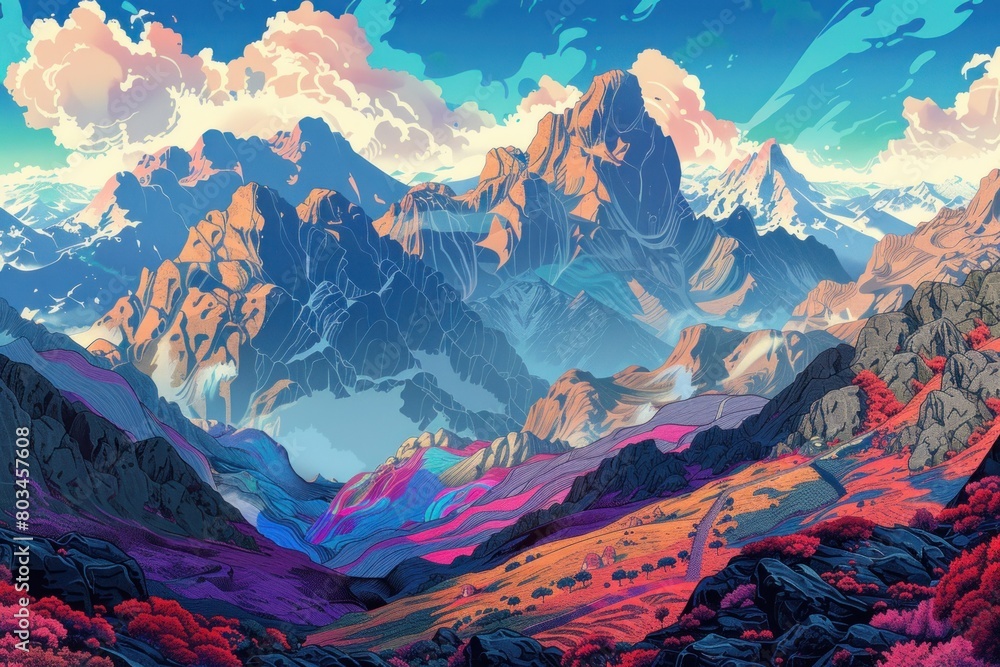 Obraz premium A mountain range with a colorful sky in the background