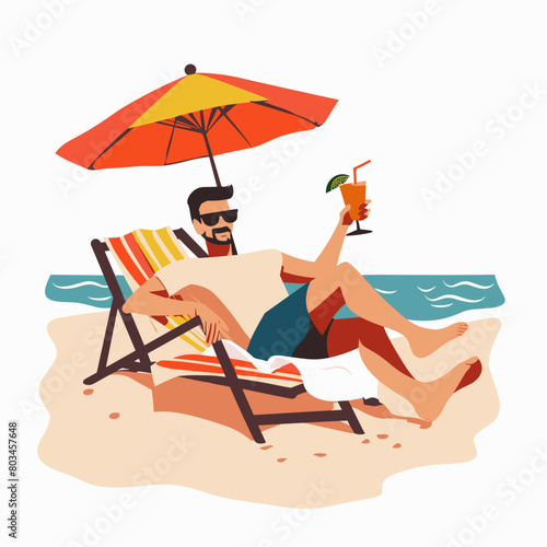 Young man on th beach relaxing and drinking cocktail, vector graphic, minimalistic style