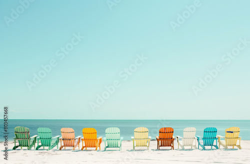 Colorful beach chairs on the white sand of Florida s Sanibel Island make for a perfect symmetrical photo  centered in the empty space. --ar 32 21 Job ID  78892dd9-5b51-4e9b-ae40-89116f12aedd
