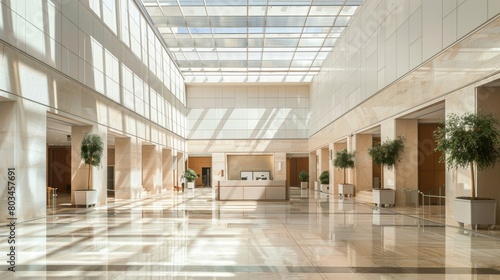 Chic Minimalist Lobby with Neutral Tones and Glass Ceiling AI Design.