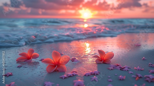 Two pink flowers on the beach at sunset with starfish, AI