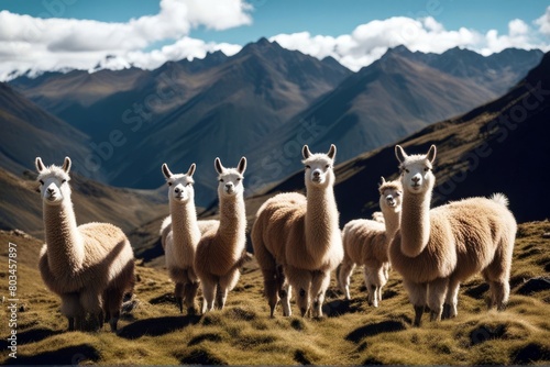 'llamas lares route andes trekking lama hiking inca peru cuzco america landscape trek south adventure beautiful mountain nature scenery tour tourism trail travel vale' photo