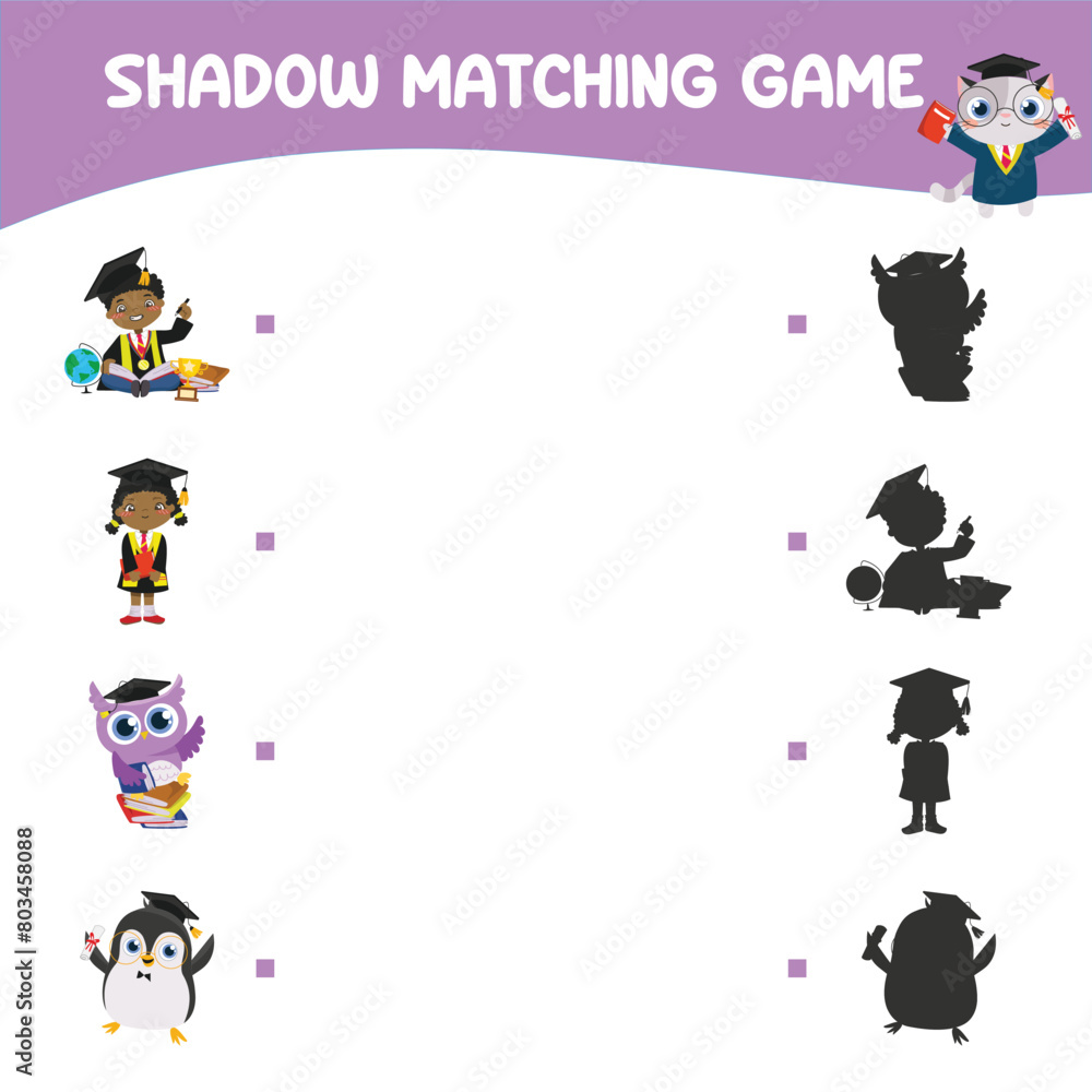 Matching shadow game for children. Find the correct shadow. Worksheet for kid. Printable activity page for kids. Learning Game. Vector file. Matching shadow game for children. Find the correct shadow. Worksheet for kid. Printable activity page for kids. Learning Game. Vector file.