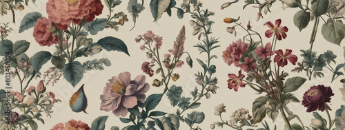 Transport yourself to a whimsical world with this vintage-inspired botanical wallpaper, featuring intricate flower bunches for digital floral prints. photo
