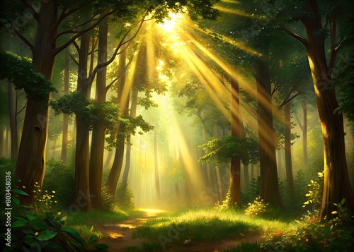 serene forest with sunlight golden rays filtering through the dense foliage illuminating winding path