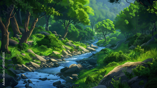 Stream along the middle of a beautiful green forest