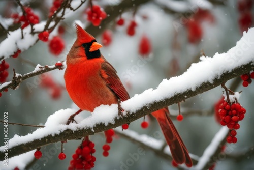 'cardinal tree one eating colorful buds winter branch heavy virginia cardinalis flakes sitting closeup red flower northern snow falling saturated vibrant perched bird nature wildlife male cold storm' photo