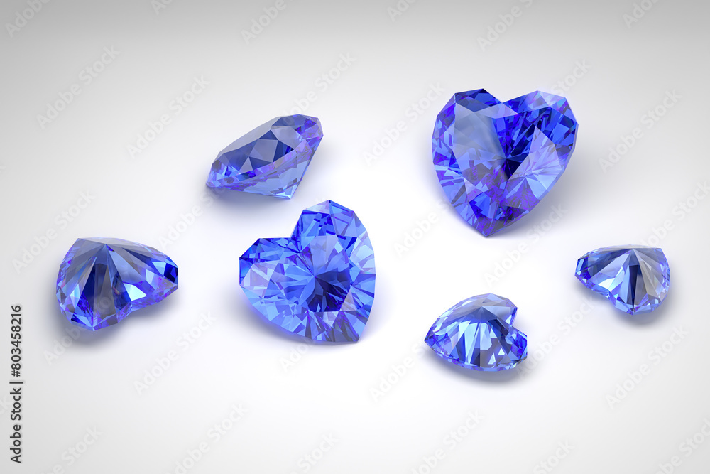 Scattering of blue sapphires of different sizes on a white background. Exhibition of precious stones. Heart cut. 3d rendering.
