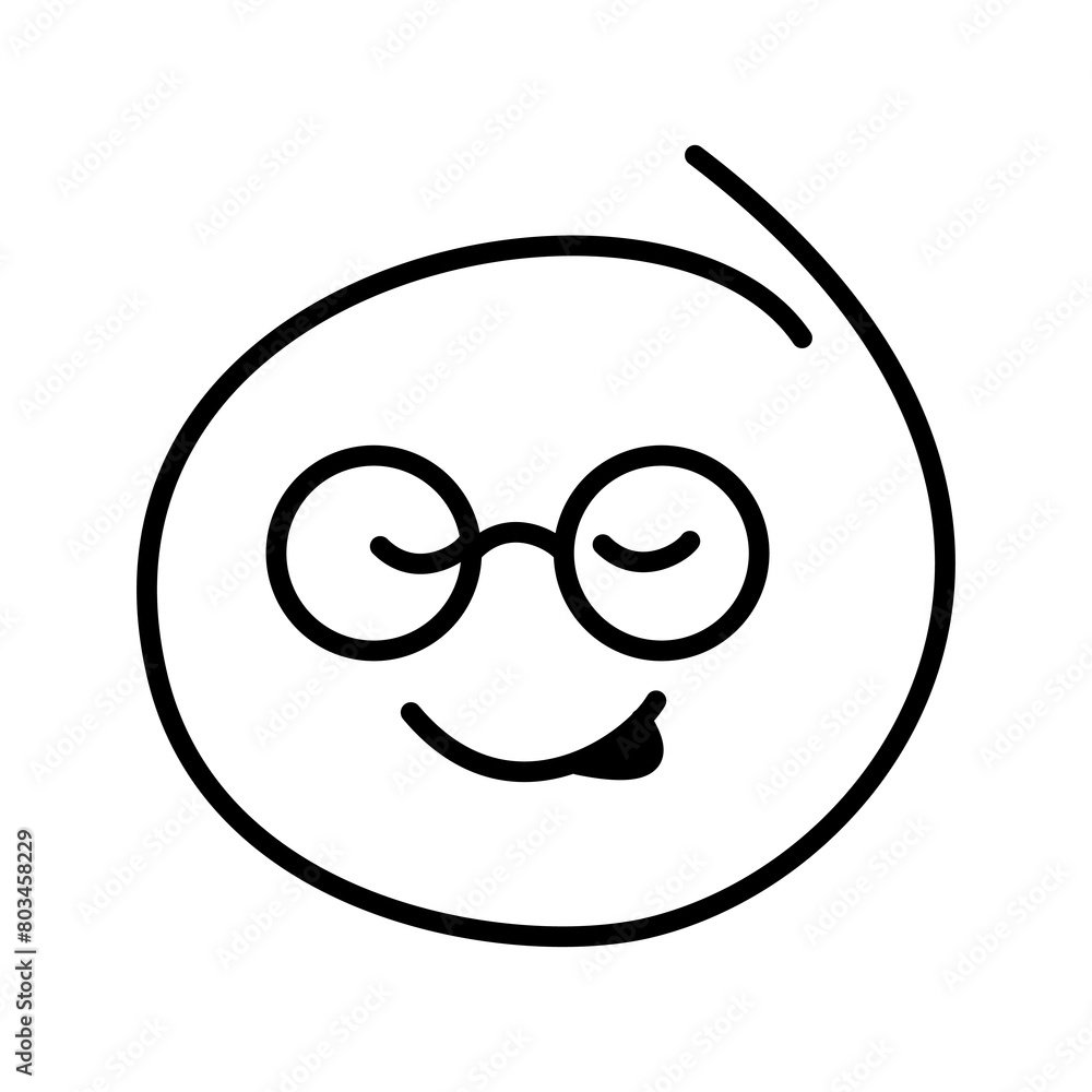 Black and white drawn emoji with closed eyes smiles bespectacled with round glasses und tongue sticking out from the side. Takes pleasure Black and white drawn emoji with closed eyes smiles bespectacled with round glasses und tongue sticking out from the side. Takes pleasure