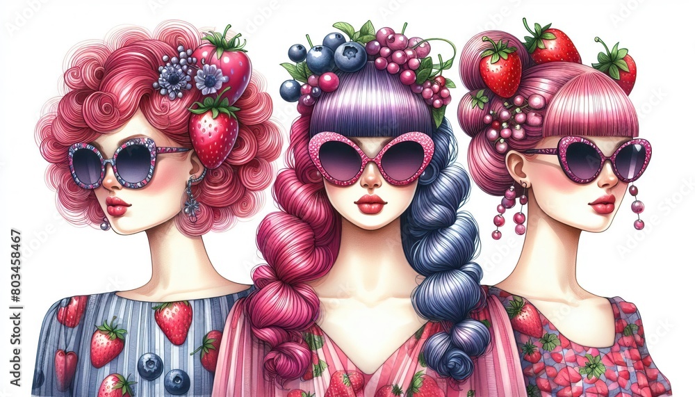 Obraz premium three fashion girls with berries fruit hairstyle on white background