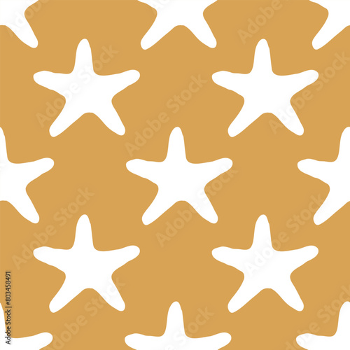 Seashells seamless pattern with starfish silhouette illustration in white color on yellow background. Sea star sketch, sea drawing. Summer ocean beach seaside print for background, textile, fabric