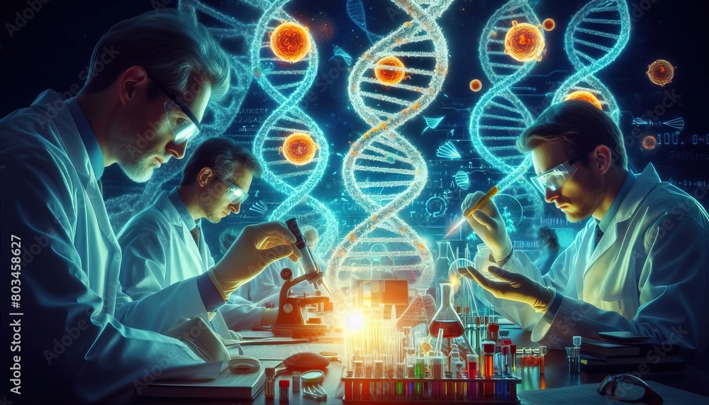 ภาพประกอบสต็อก three scientists wearing white lab coats and safety ...