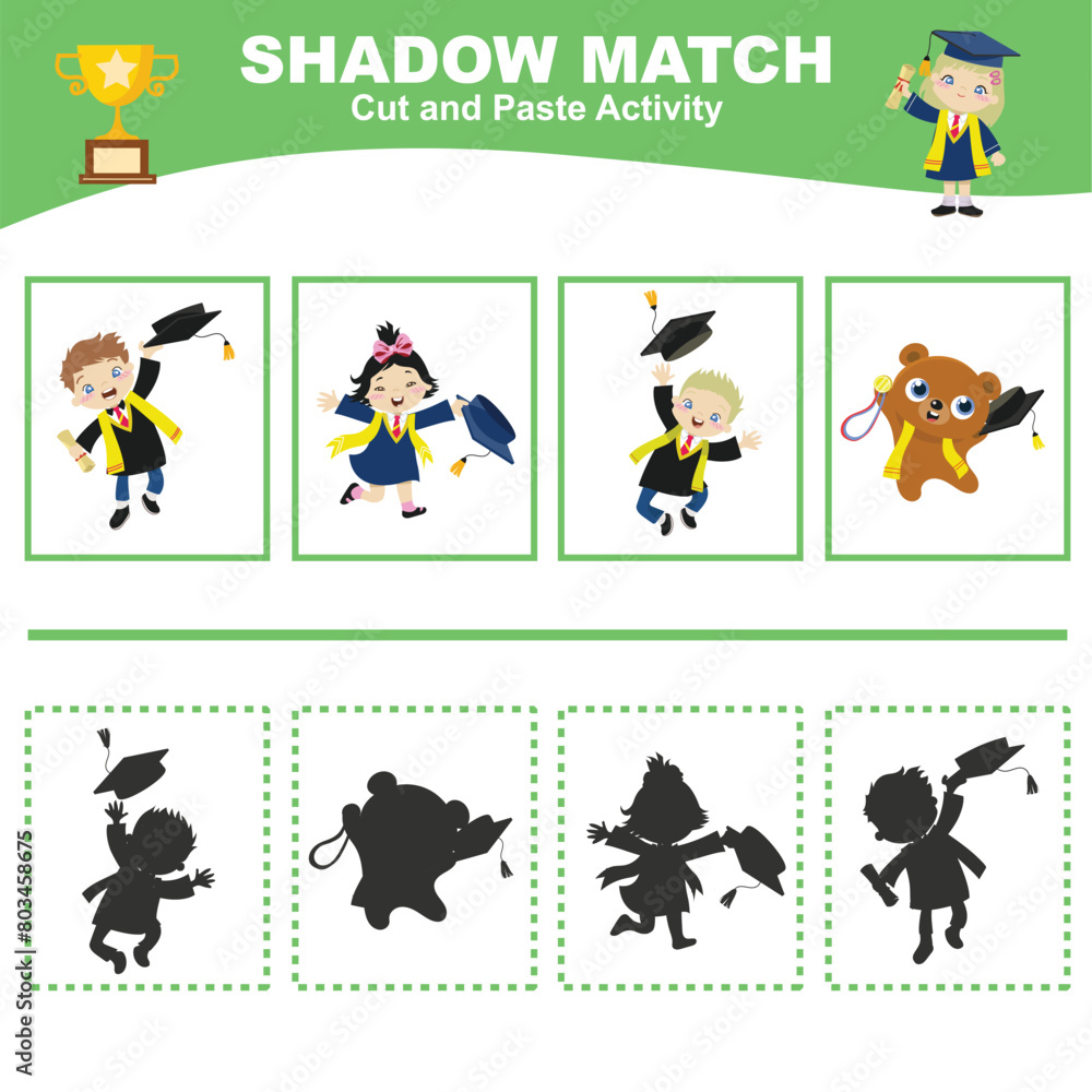 Cut the image in each box and glue it on each shadow. Find the correct shadow. Cut and paste activity for children. Printable activity page for kids. Learning Game. Vector file.