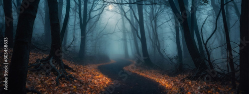 Venture into the haunting allure of a moonlit forest, where tendrils of fog cling to a winding path, leading toward a Halloween backdrop tinged with enigmatic hints of the supernatural.