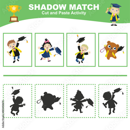 Cut the image in each box and glue it on each shadow. Find the correct shadow. Cut and paste activity for children. Printable activity page for kids. Learning Game. Vector file. © idcreative.ddid