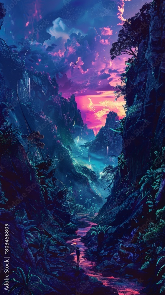 An intrepid explorer with a torch ventures through a vibrant neon jungle, following a winding river towards towering mountains under a dramatic sky of lightning and sunset hues.