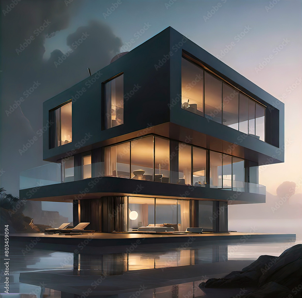 modern architectural design of a luxury villa on the seafront with flowing shapes and huge panoramic mirror windows,