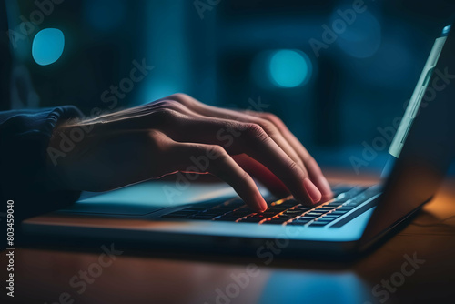 Hand of a man using laptop computer for hacking or steal data at night in office. Hacking concept photo