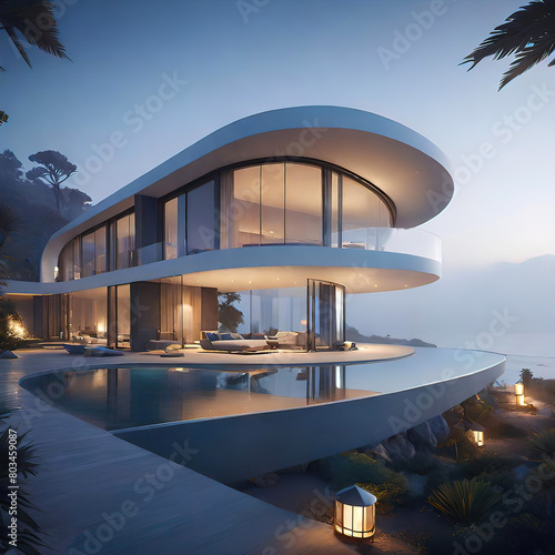 modern architectural design of a luxury villa on the seafront with flowing shapes and huge panoramic mirror windows, © Perecciv