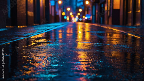 Vivid neon hues illuminating a dim urban alley, their reflections shimmering in rainwater puddles.