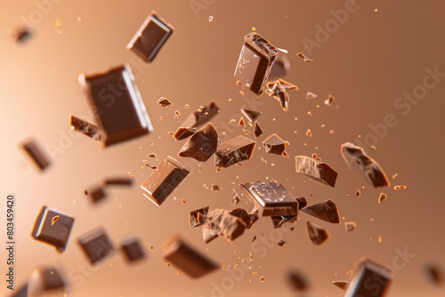 dynamic chocolate explosion on a warm gradient background for advertising