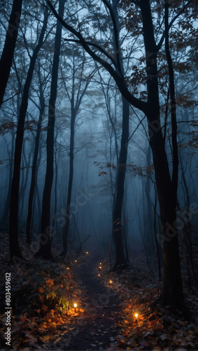 Wander through the mysterious veil of a moonlit forest  where wisps of fog dance along a haunted path  hinting at the spectral wonders of a Halloween scene.