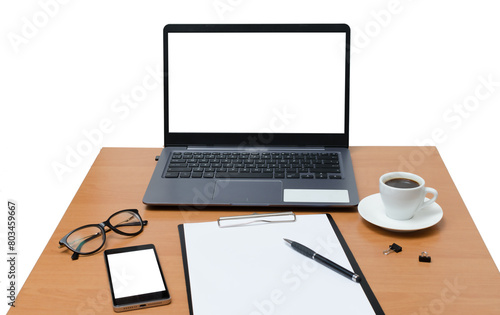 A laptop is open on a desk with a cup of coffee and a notepad. © Alla 