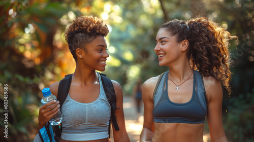 A photo capturing two happy, athletic women walking in the park after exercising. One is an African American with short, shaved hair