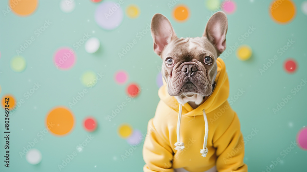 Cute Frenchie dog wearing a yellow hoodie sitting on a pastel green background with colorful circles, in the modern web design style of minimalism Cute Frenchie dog wearing a yellow hoodie sitting on a pastel green background with colorful circles, in the modern web design style of minimalism