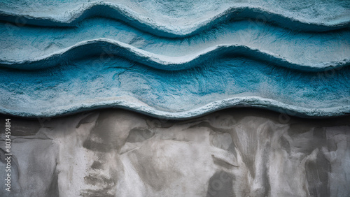 Rough textured wavy concrete urban wall with distressed horizontal wavy groove patterns in blue and neutral grey © SoulMyst
