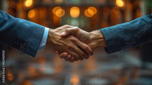 Close-up of a firm handshake between two business professionals with a blurred background