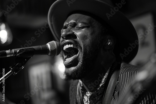 A man wearing a hat passionately singing into a microphone, pouring his emotions into the performance with raw energy and soulful expression photo
