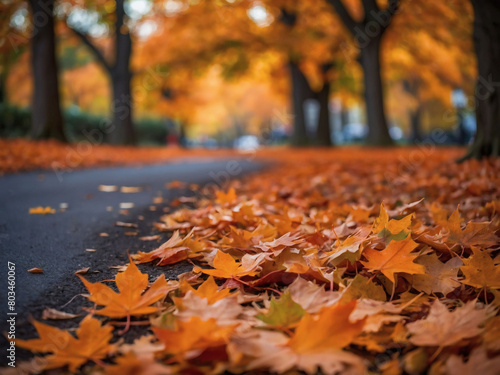 Vibrant orange maple leaves adorning the ground  with a blurred bokeh effect creating a magical atmosphere.