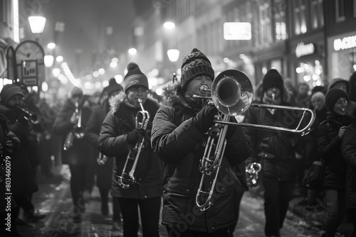 A group of people walking down a street while holding musical instruments  specifically brass instruments. They appear energetic and enthusiastic as they march together