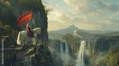 A lone knight atop a white horse surveys a breathtaking vista of a valley, waterfall, and distant castle, embarking on a quest in a fantasy medieval world