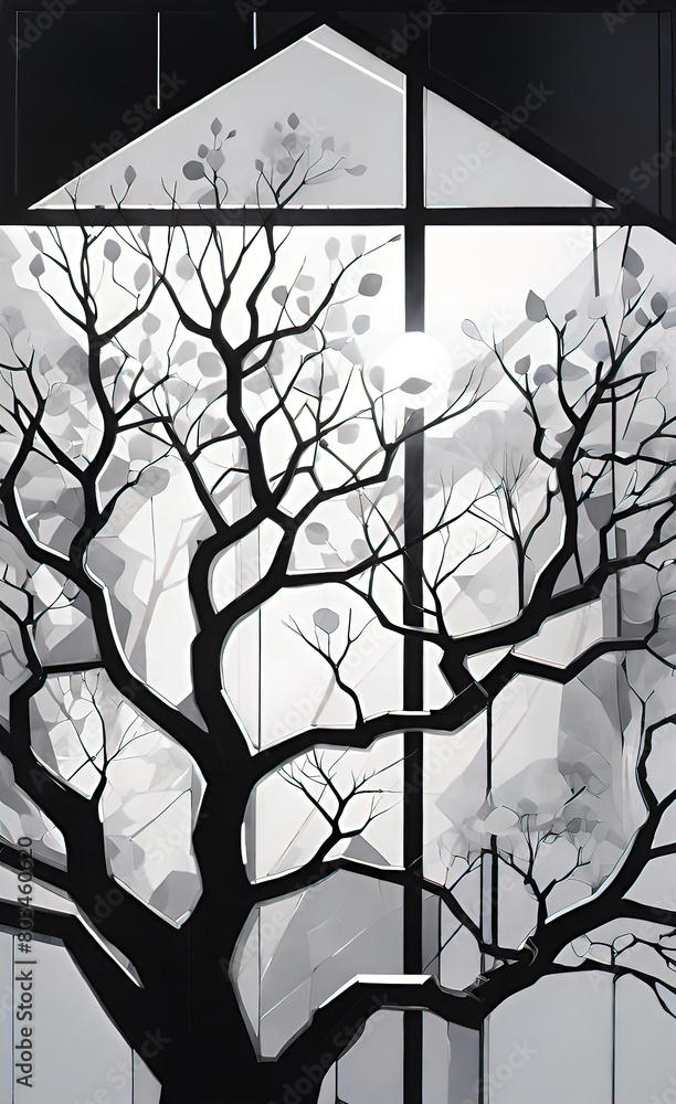 Abstract style painting of branches and geometric shapes, simple minimalist design for decoration, lofi vibe, Abstract style painting of branches and geometric shapes, simple minimalist design for decoration, lofi vibe,