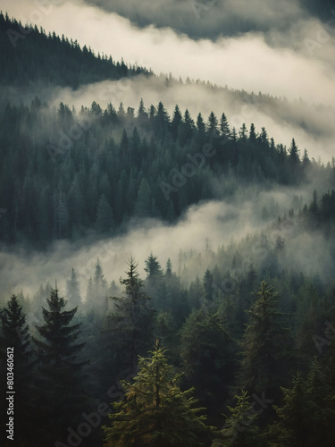 Vintage retro-style depiction of a mist-covered fir forest landscape.