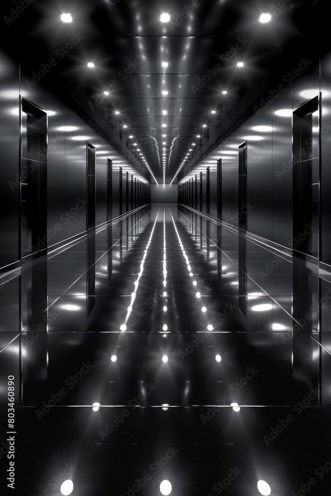 A long hallway with lights and mirrors on the walls, AI A long hallway with lights and mirrors on the walls, AI