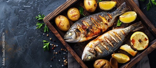 Image of grilled fish and potatoes, presented on a wooden tray, captured from above with a horizontal orientation, featuring space for text. photo