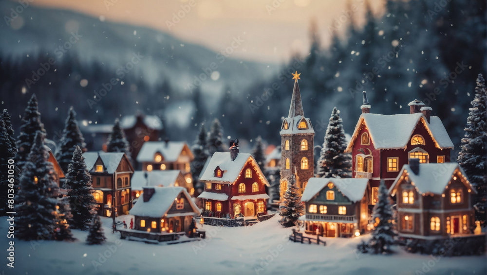 Vintage-style Christmas village adorned with snow, creating a picturesque winter landscape for the holidays.