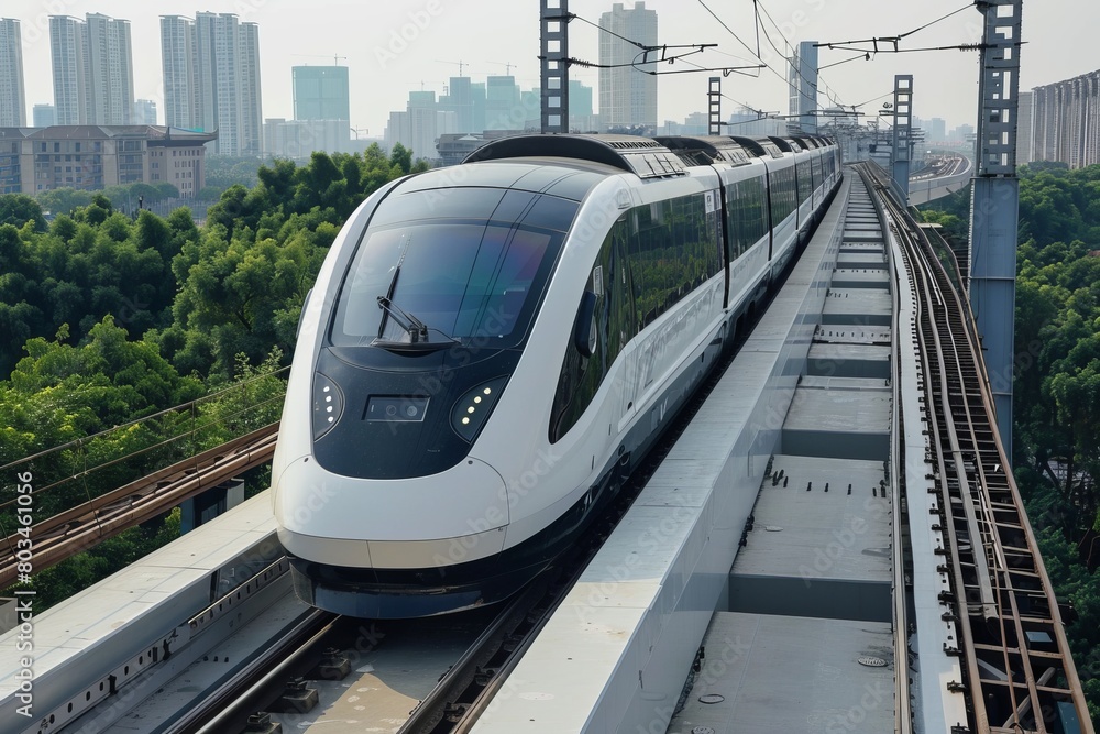 Naklejka premium A white modern electric train is smoothly traveling down train tracks surrounded by a forest. The train glides effortlessly as it passes through the scenic landscape