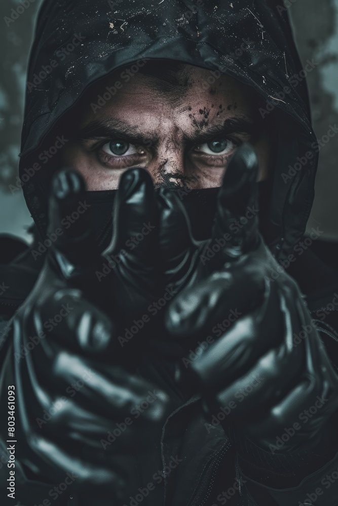 A man wearing a hooded jacket is holding his hands up to his face. He appears to be in a defensive or shocked posture, with a sense of urgency or fear A man wearing a hooded jacket is holding his hands up to his face. He appears to be in a defensive or shocked posture, with a sense of urgency or fear