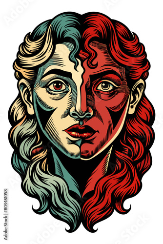 weird human faces merging into eacht other, woodcut style, vintage
