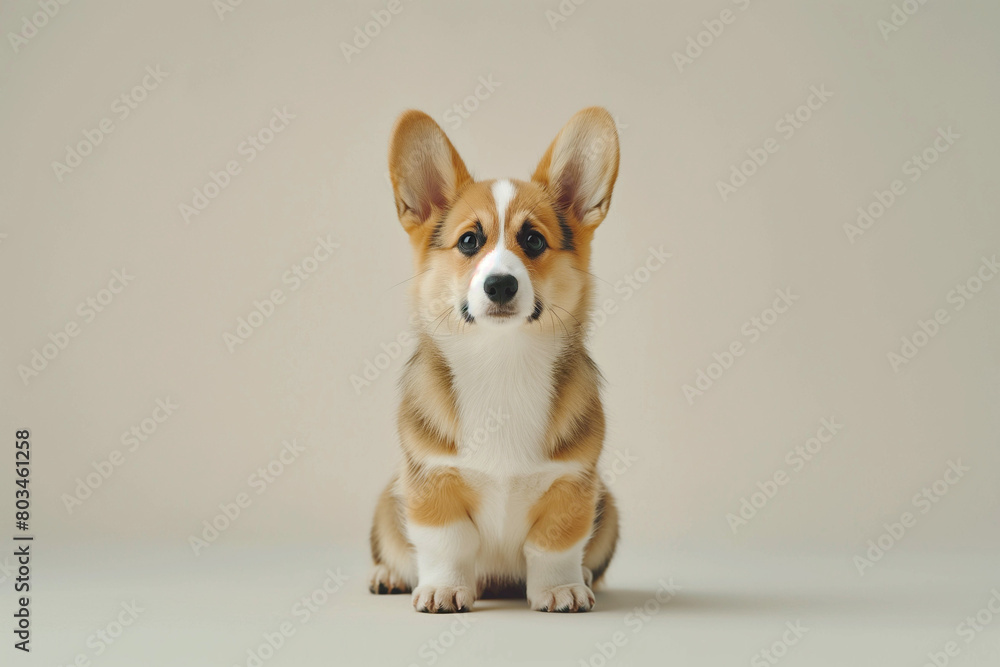 A cute corgi sits on a light background and looks curiously straight ahead in close-up.